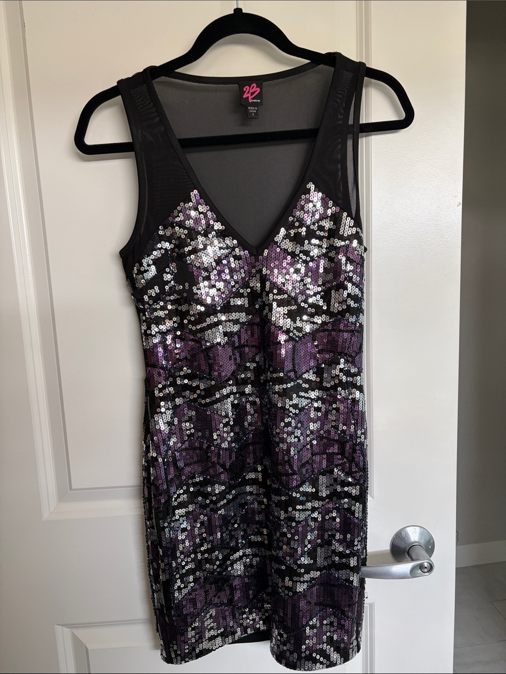 2B Bebe Black and Purple Sequin V-Neck Mini Dress